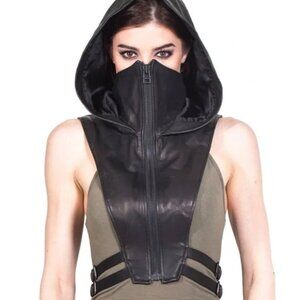 Small Jungle Tribe Black Hooded Leather Vest with carrying pack